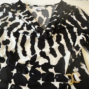 Calvin Klein Women's Tops S Black White Animal Print‎ Zebra Wrap Gold 3/4 Sleeve
